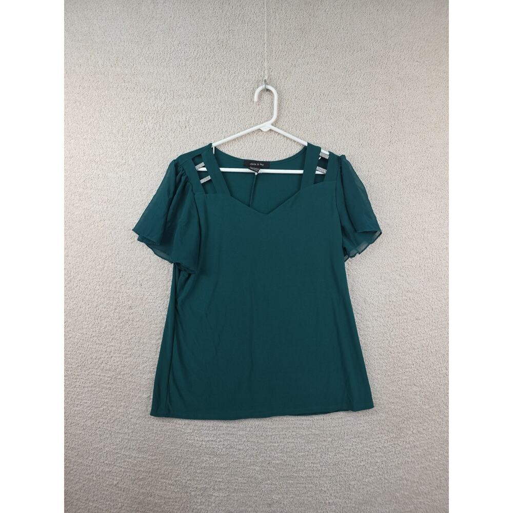 Adele & May Gree V-Neck Blouse Rhinestone Cutout Shoulder Flutter Sleeve Size XL
